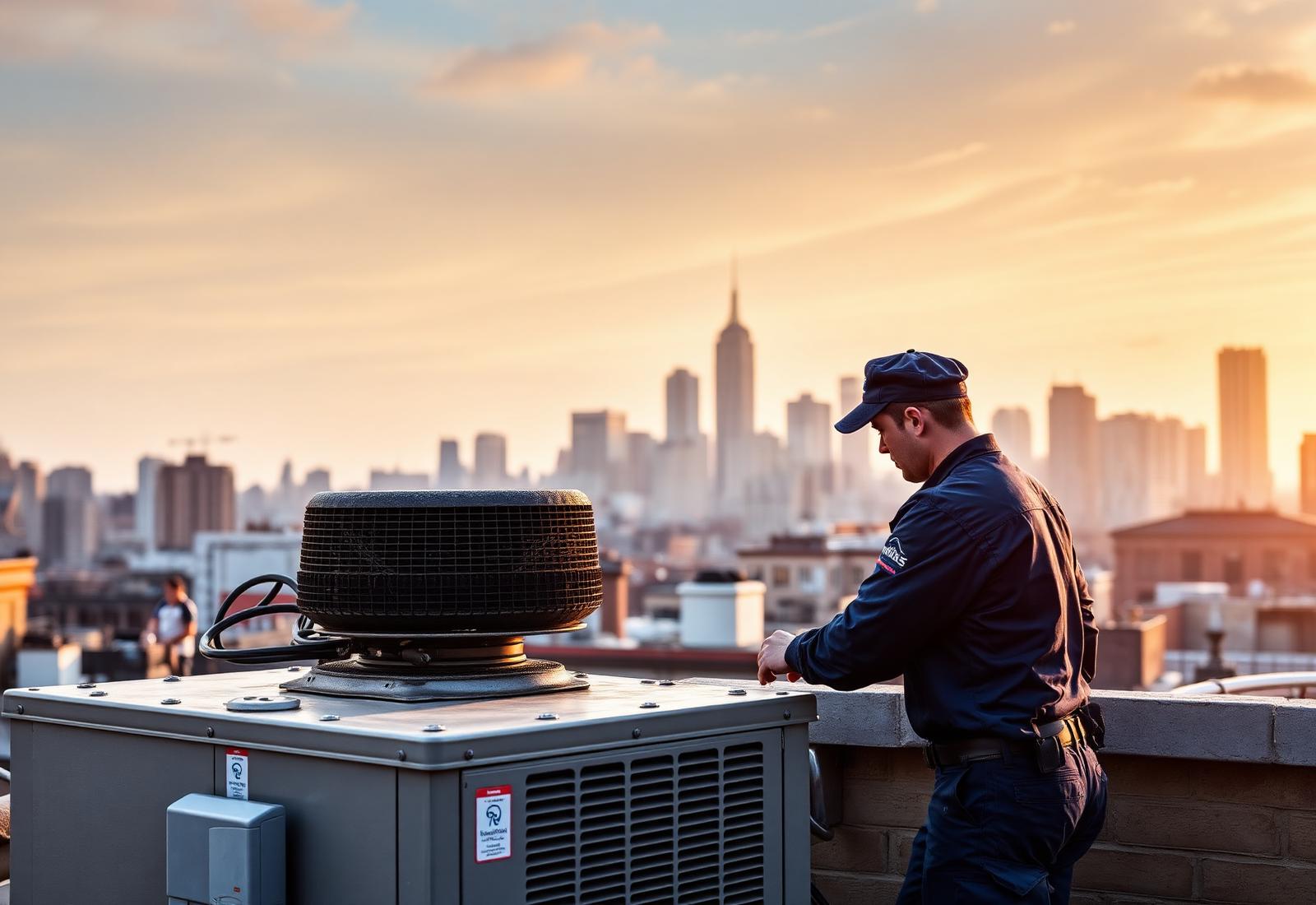 HVAC technician servicing a rooftop unit with the New York City skyline behind