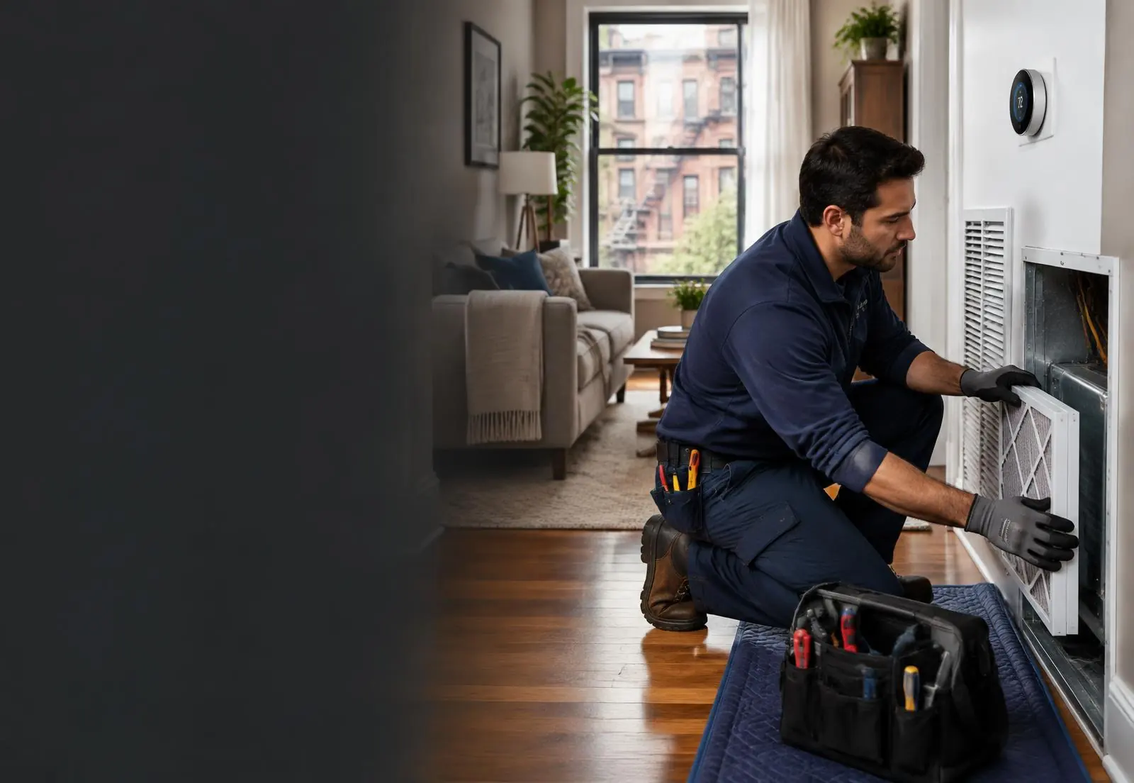 HVAC technician servicing an air system inside a New York City home HVAC technician servicing an air system inside a New York City home